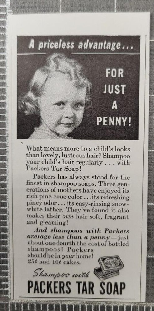 Shampoo with Packers Tar Soap Vintage Print Ad