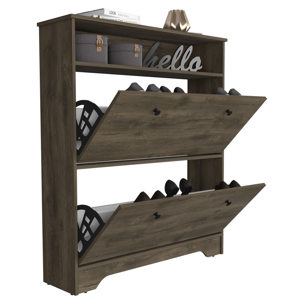 Shoe Rack 46" H, One Open Storage Shelf, Two Internal Storage Drawers