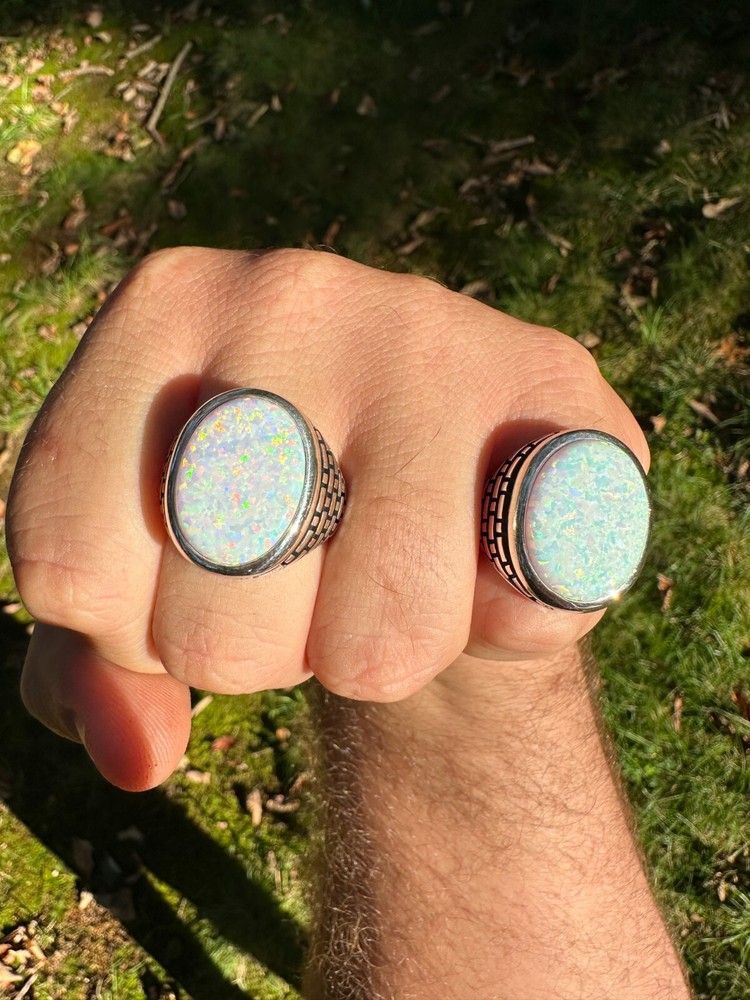 Real 925 Sterling Silver Lab Created White Fire Opal Gem Stone Ring Large Mens