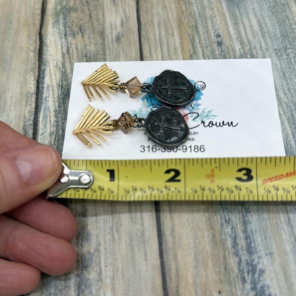 Adorned Crown Jewelry assemblage leaf post cross charm crystal earrings