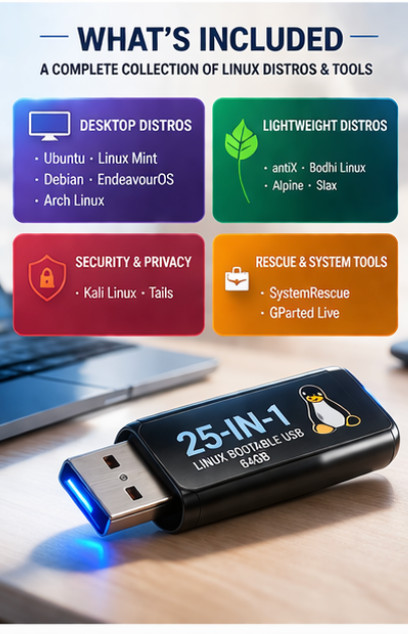 25-in-1 Linux Bootable USB 64GB Multi Boot OS Toolkit – Plug & Boot Drive