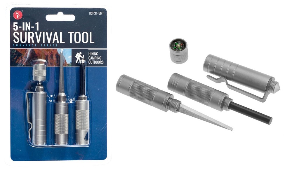 Sona5 in 1 Compact Survival Tool Matte Grey Compass Punch Striker Flint Whistle