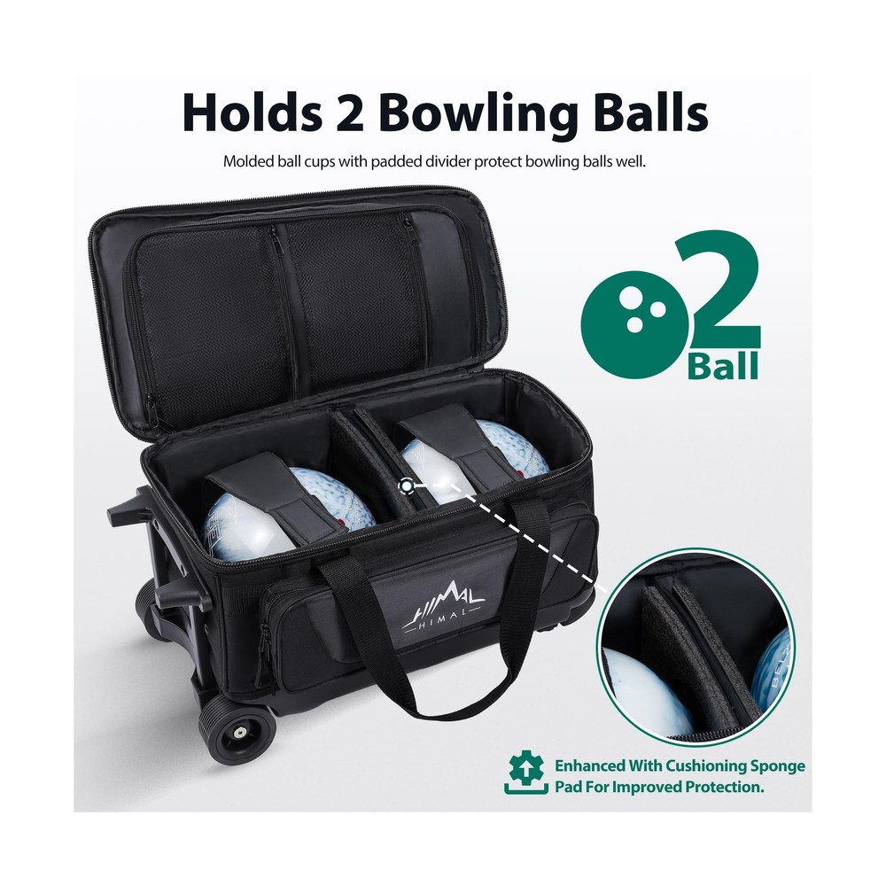 Double Roller 2 Ball Bowling Bag with Separate Shoe Compartment for Bowling S...