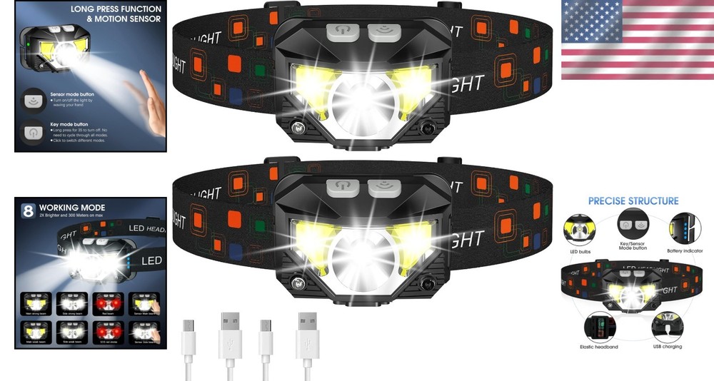Ultra-Lightweight 8-Mode LED Headlamp with Motion Sensor - 2-Pack Essentials
