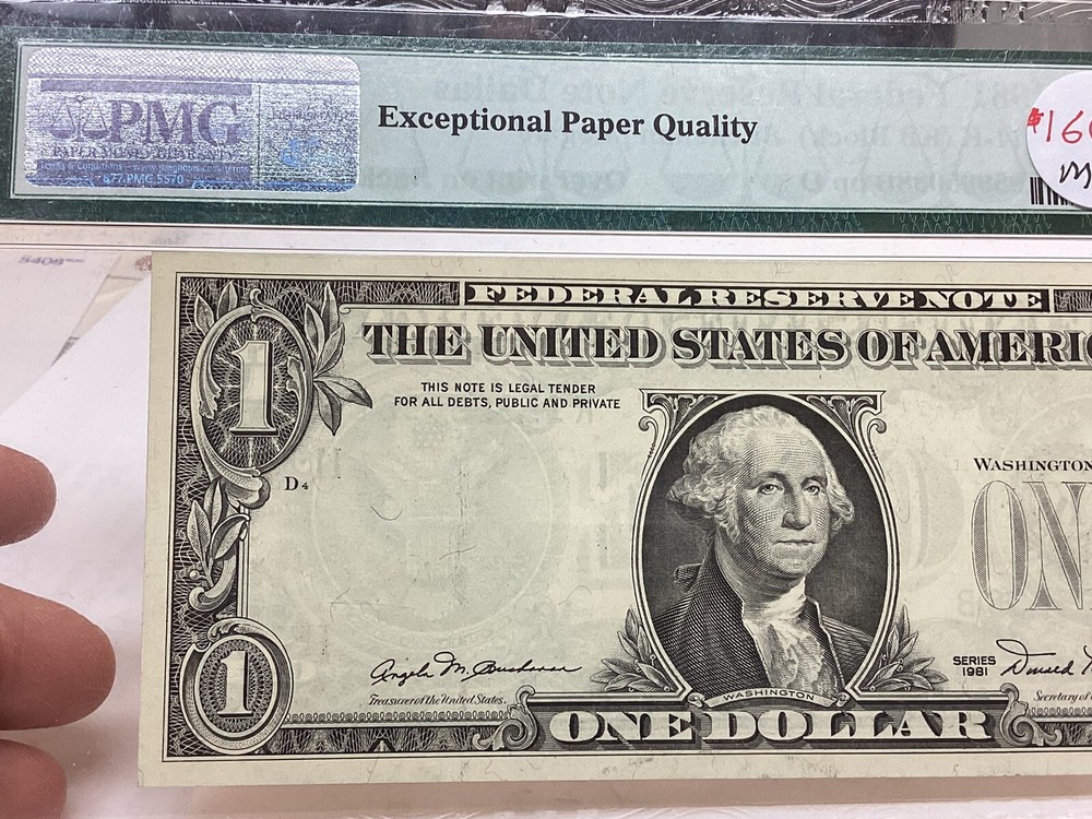 $1 1981 PMG 66 EPQ And 65 EPQ Consecutive Pair Overprint On Back Errors-2 Notes