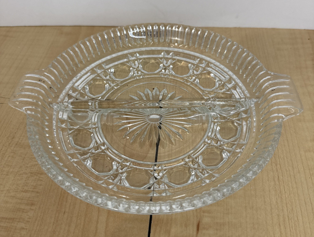 Vintage Glass Divided Serving Dish 7.5in Decorative Pressed Pattern
