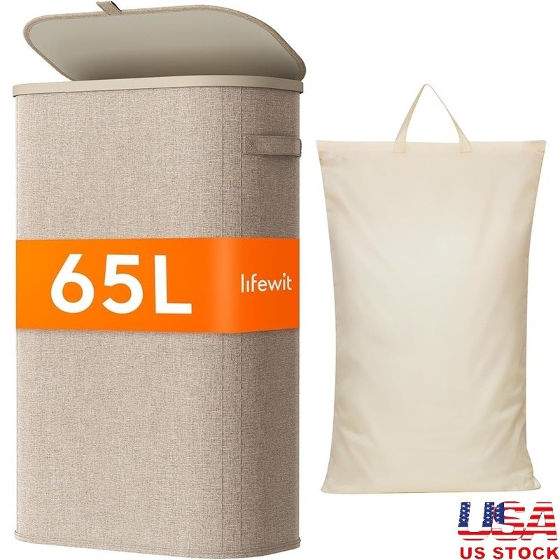 Slim Laundry Hamper Portable Foldable W/ Lid Removable Inner Bag Tight Spaces US