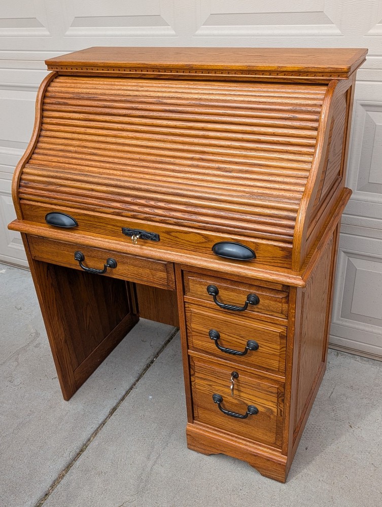 Solid Oak Roll-Top Desk by Winners Only Inc. – Locking Secretary Desk