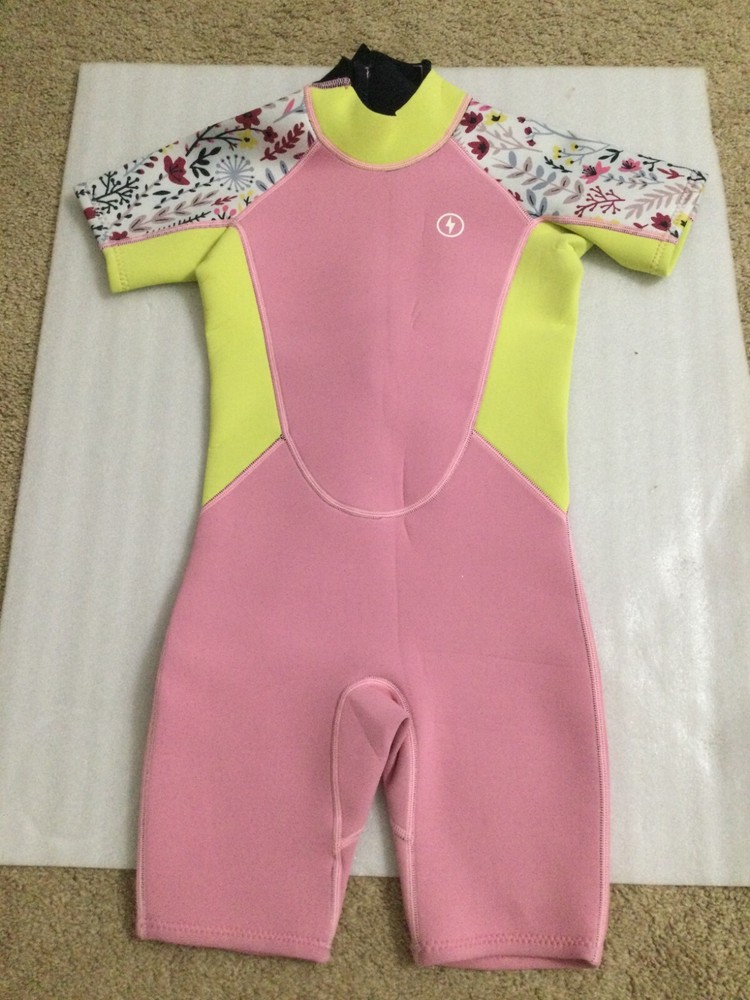 Kids Dark Lightning Wetsuit Pink and Yellow Leaf Pattern Size M