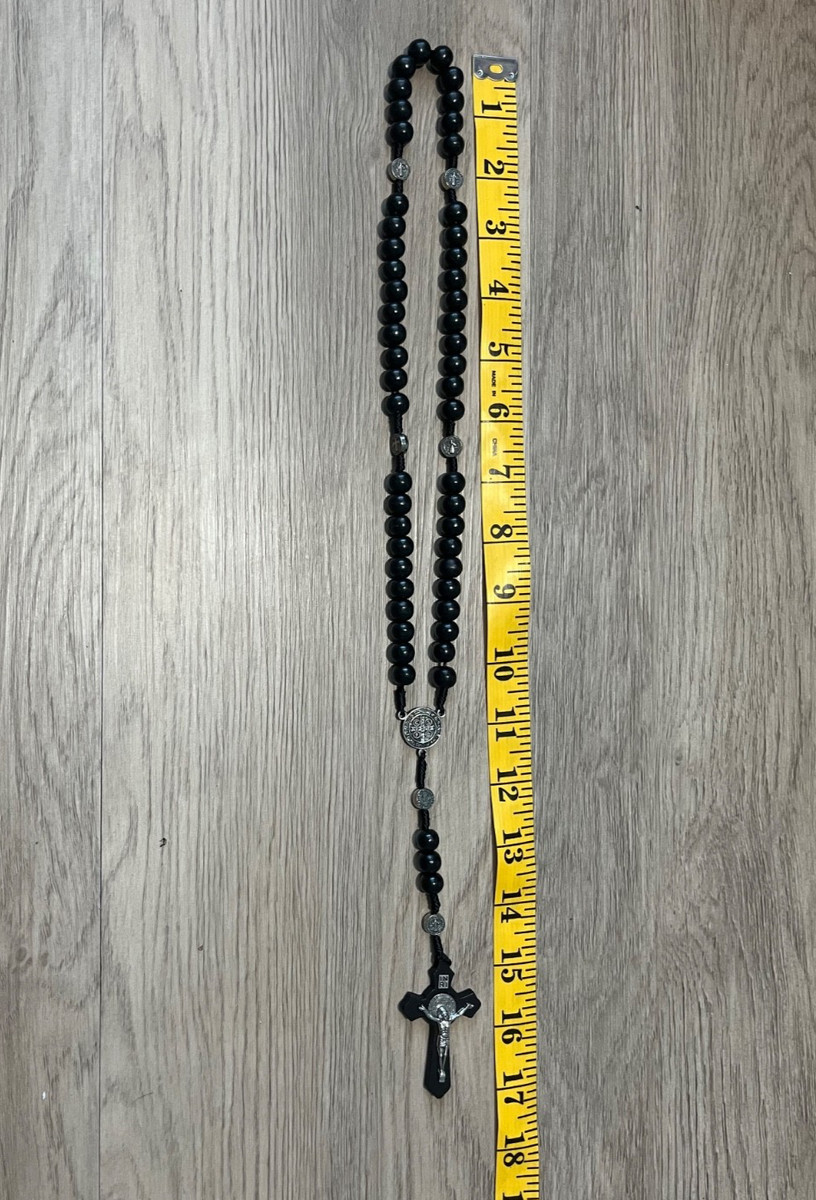 Saint St Benedict Wooden Rosary & Pouch Prayer Beads Crucifix Rosario San Benito