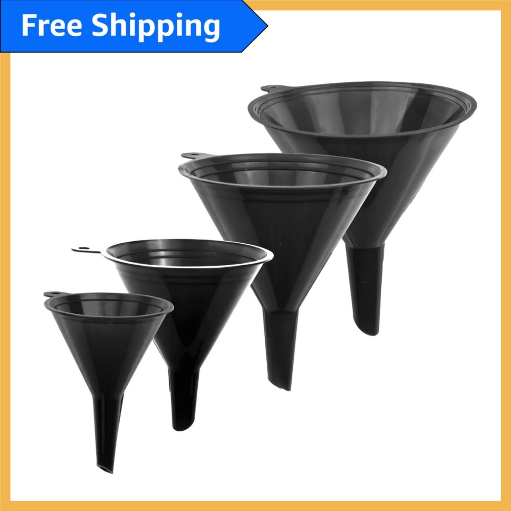 Versatile Black Funnel Set for Kitchen, Garage & Labs - 4 Sizes for Easy Filling