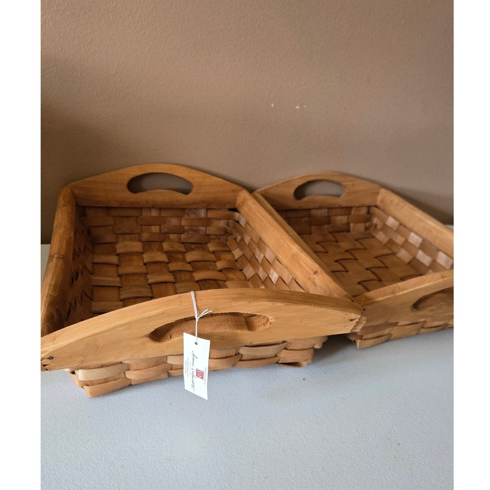 Home Interiors Woven Wood Nesting Baskets Set of 2 Rectangular Trays w/ Handles