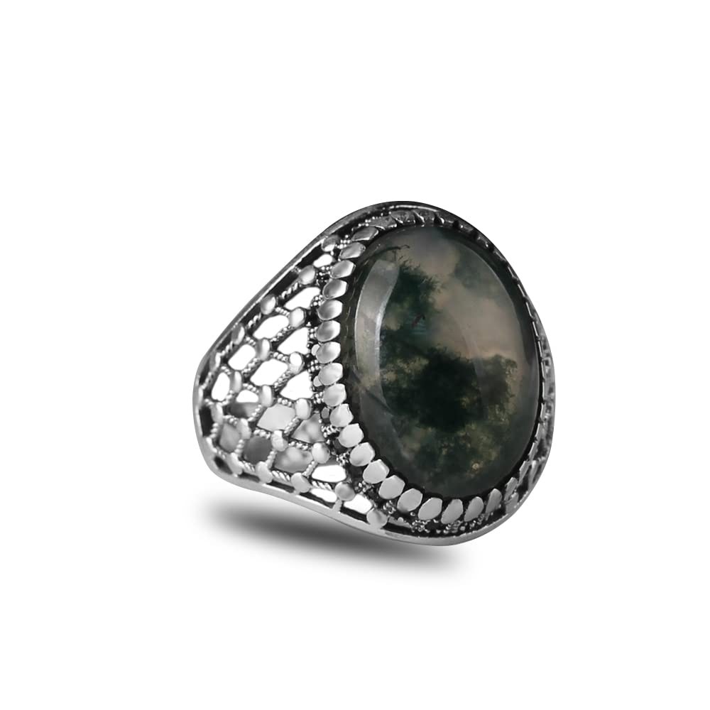 Moss Agate Men's Silver Ring, Handmade Moss Agate Stone Silver Ring for Men,