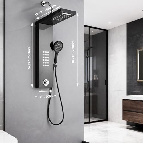 Rain Shower Panel Tower System with Handheld High Pressure Massage Head - Black