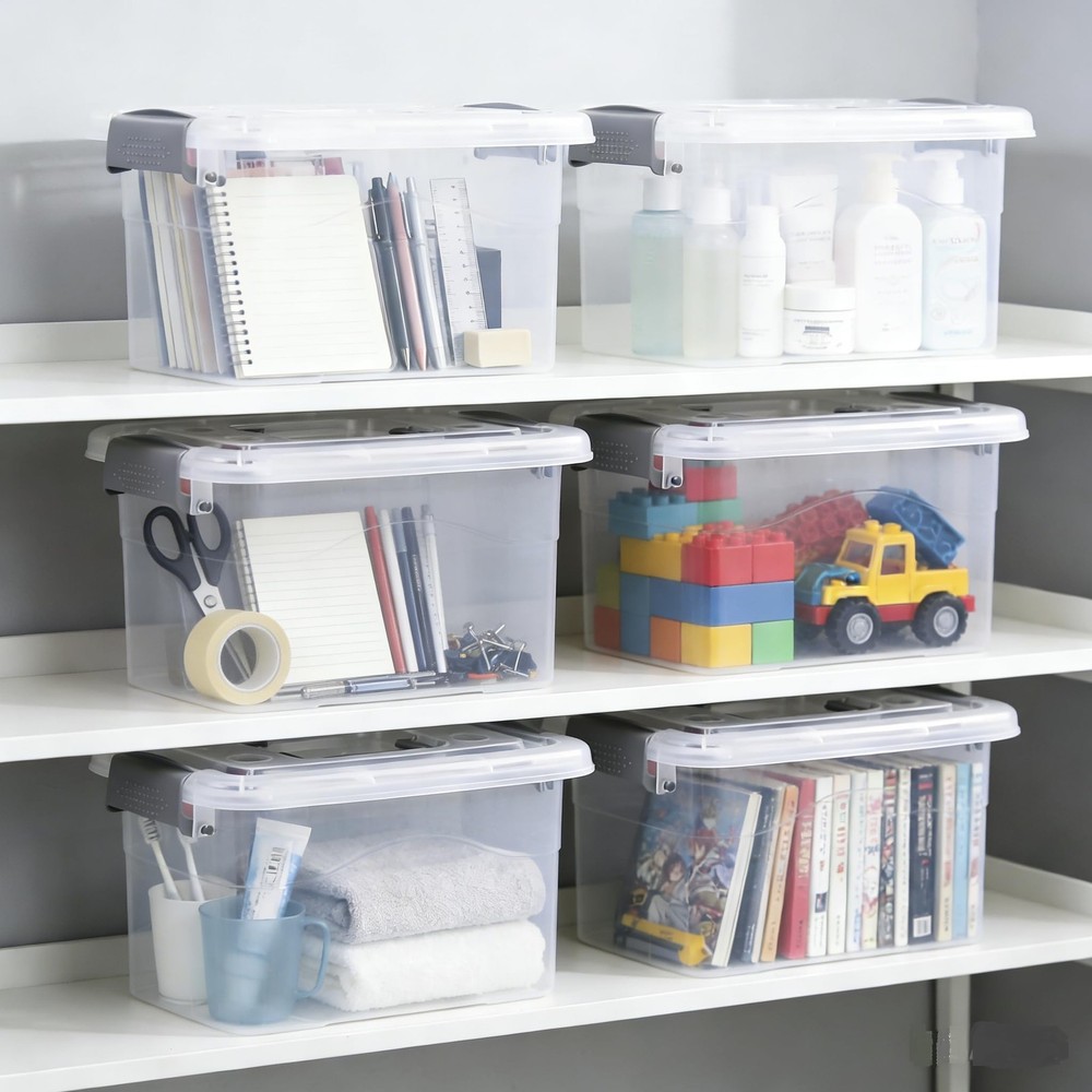 6-Pack Home Storage Bins, Plastic Container, Latching Box with Handle (Grey h...
