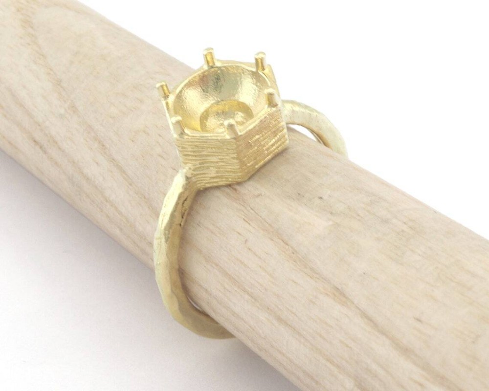 Hexagonal Brushed Edge Base Adjustable Ring Shiny Silver-Gold raw brass 4718