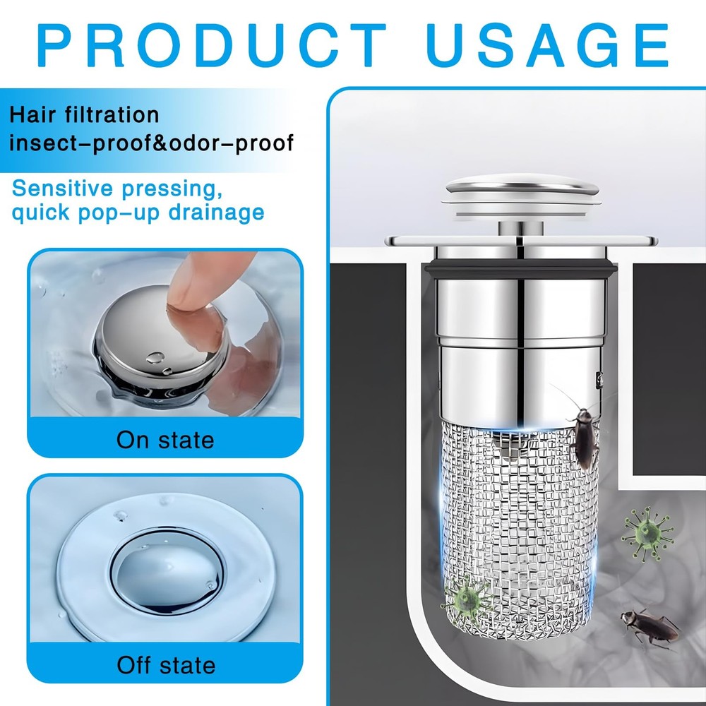 3 PCS Bathroom Sink Drain Strainer, Pop-Up Stopper Silver-3PCS