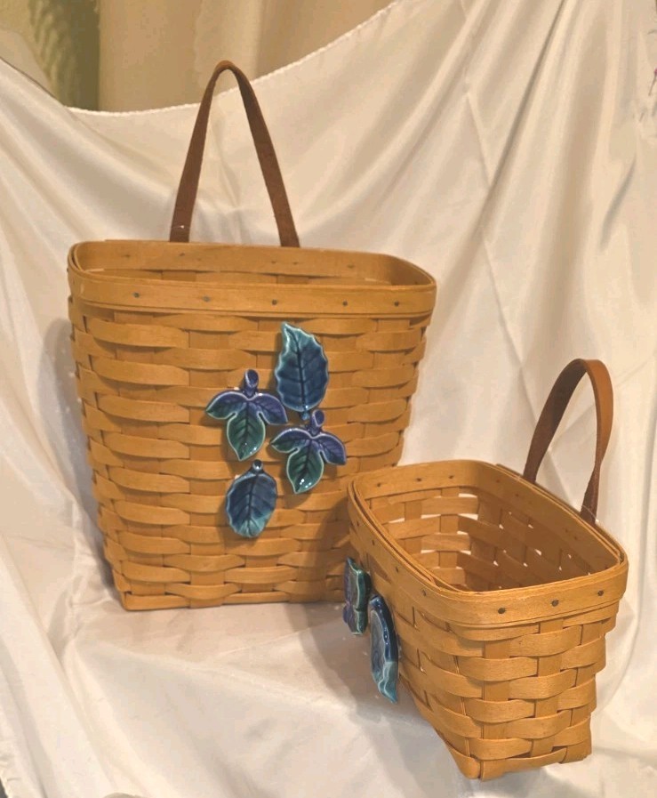 LANGABERGER 2-BASKETS THIN MAPLE W/CERAMIC(ADED)DECOR &PLASTIC LINER 2000 USA