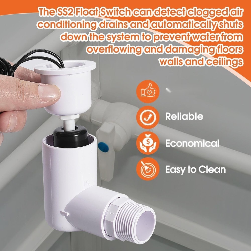 SS2 Float Switch L-Shape with 3/4'' Adaptor for HVAC Drain Pan Condensate Outlet