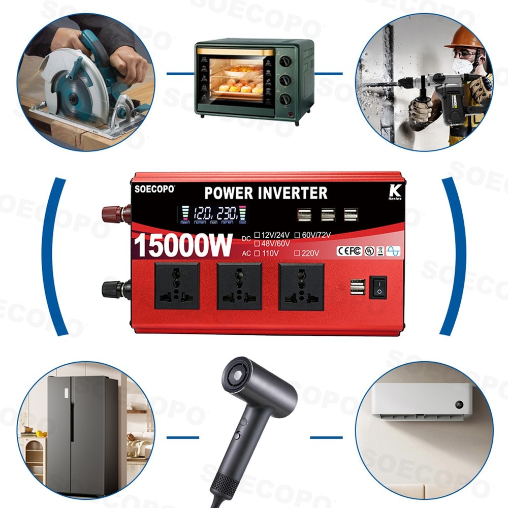 Pure Sine Wave Solar Converter 15000W Car Power Inverter DC 12-72V To AC 110VfC