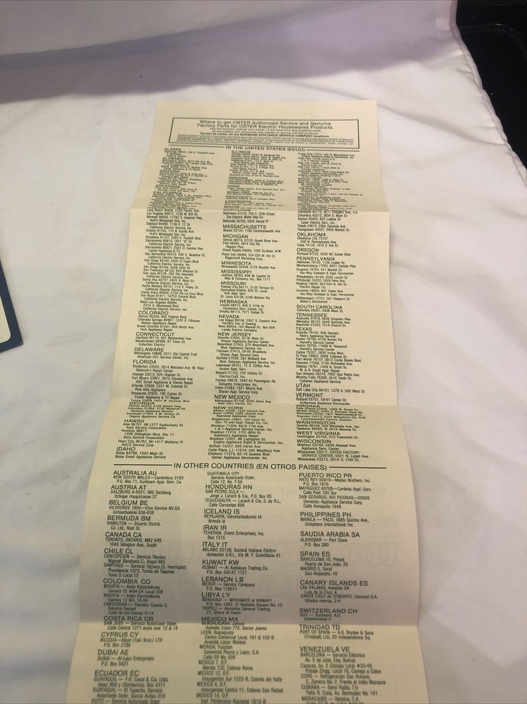 1981 Osterizer Accessory Information and Coupons, Service Info, Replacement Part