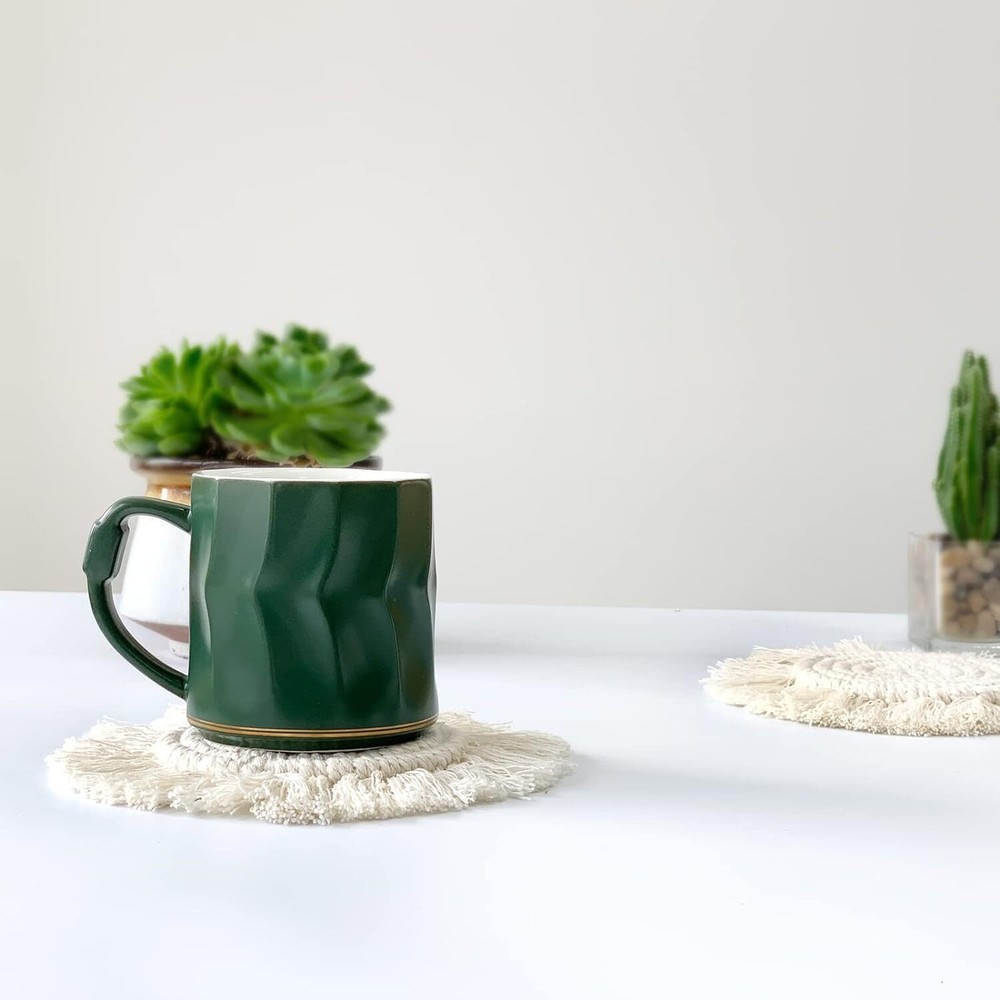 Coasters for Drinks Absorbent, Boho Wooden Table, Beige (2pcs)