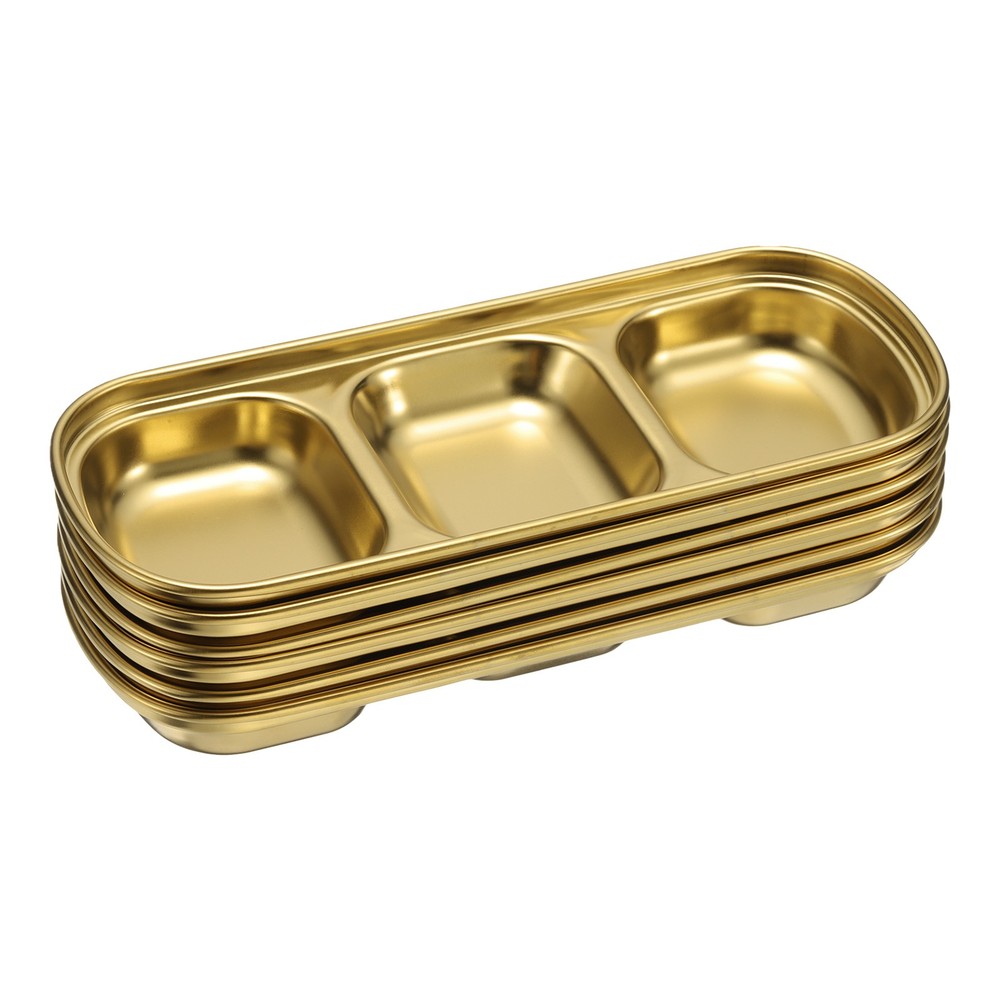 6pcs Metal Dish Dipping with 3 Rectangular Compartment Divided Gold