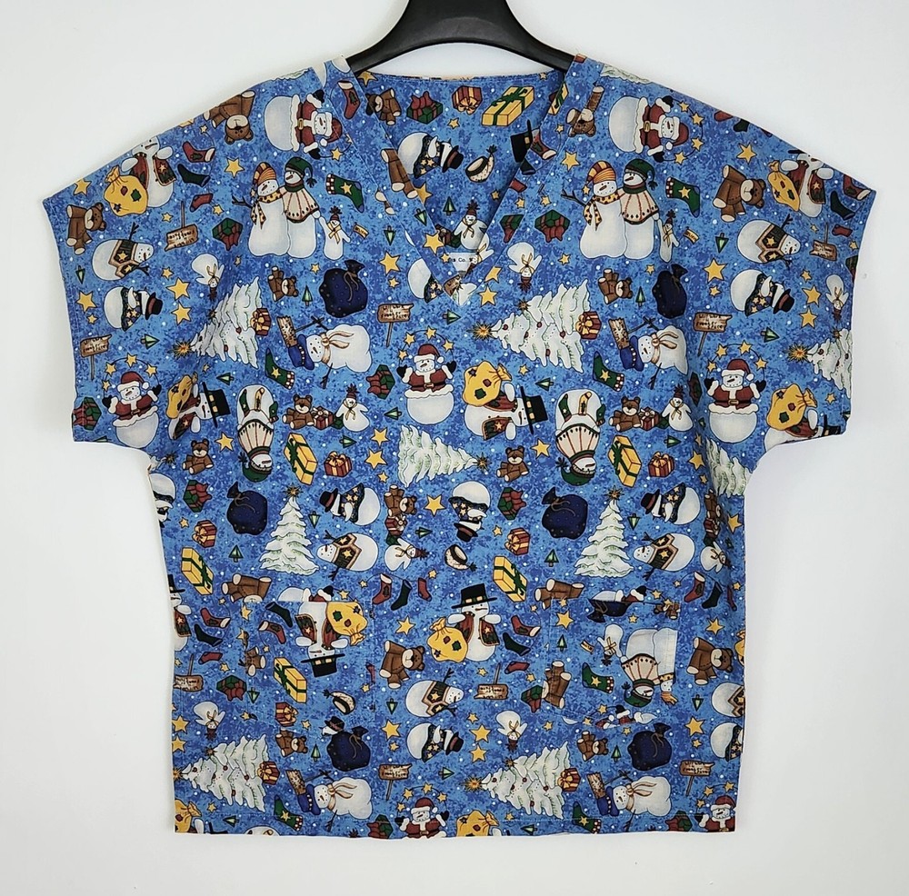 Christmas Scrub Top Size L Blue Short Sleeve Pullover Snowmen