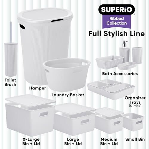 Superio 15L Medium Ribbed Storage Bin- Plastic Storage Bin (6 Pack White Smoke)