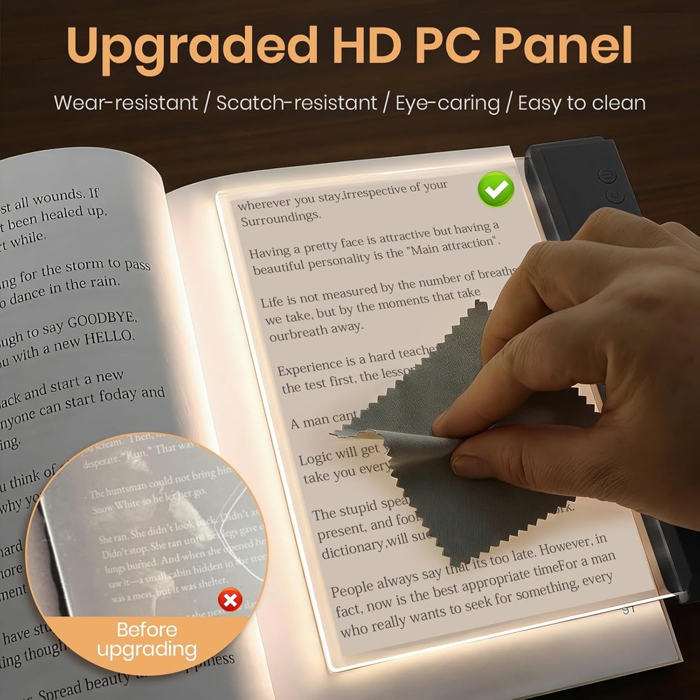 Flat Book Light, Rechargeable Clear LED Smart Reading Light with 3 Colors & Time