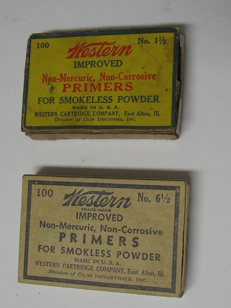 2- Olin Western Improved Non-Mercuric Primers Smokeless EMPTY Boxes + Inserts