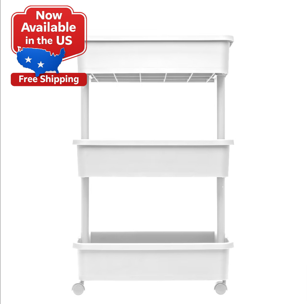 Mainstays 3-Tier Plastic Rolling Laundry Cart, Arctic White