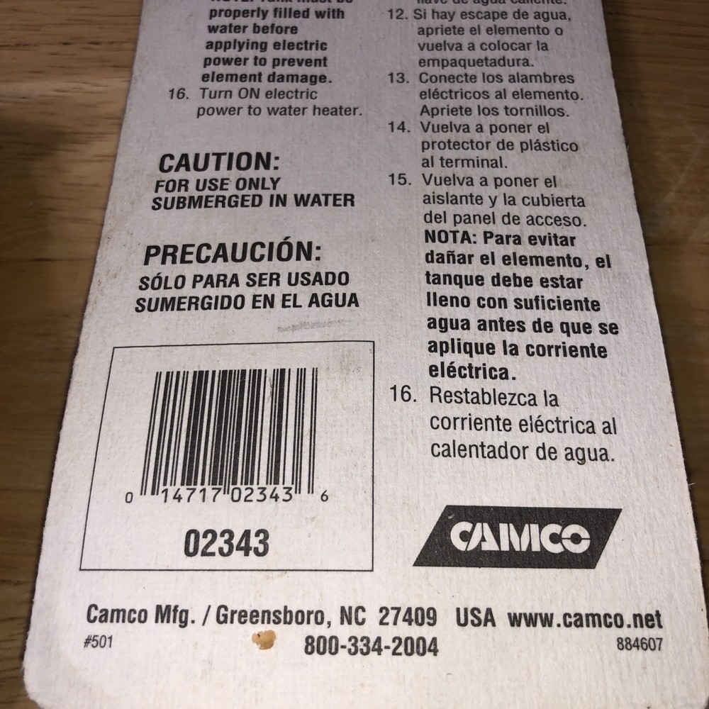 Camco 02343 4500W 240V HWD Screw-In Water Heater Element High Watt Density NOS