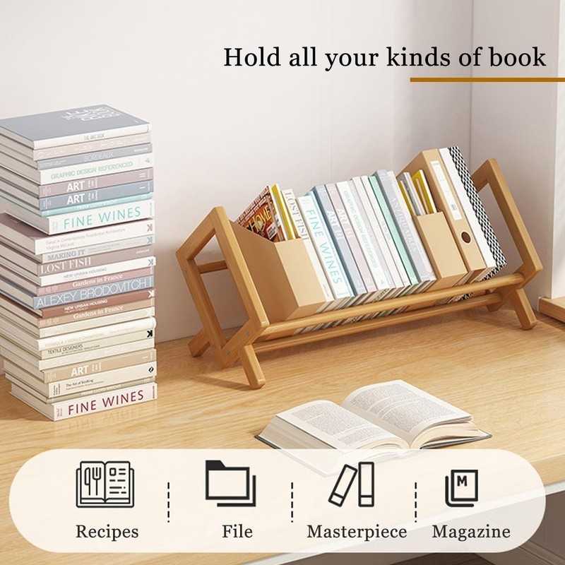 Bamboo Leaning Shelf Multi-Function Book Storage Organizer Easy Install Durable