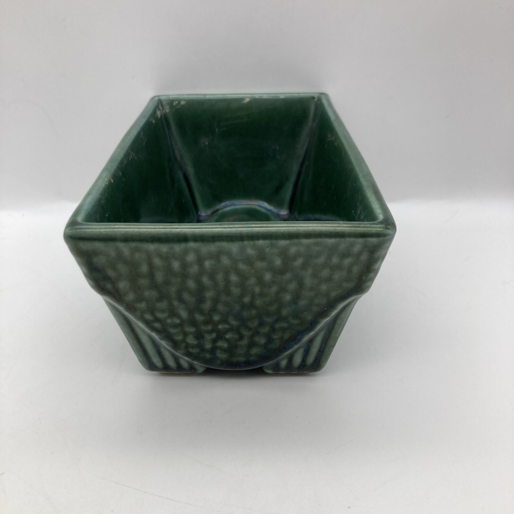 Vintage USA Pottery #75 Rectangular Iridescent Green Planter Footed Embossed