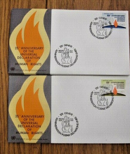HUMAN RIGHTS DECLARATION 25TH  COMPLETE SET UNITED NATIONS 1973 2 OFFICIAL FDCS