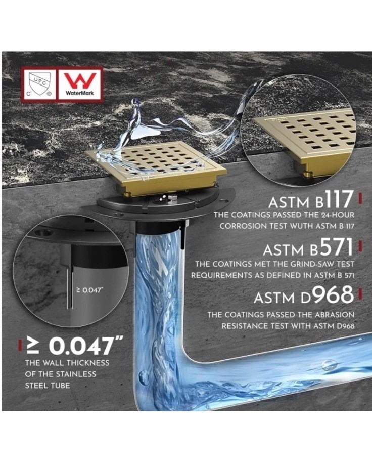 WEBANG SQUARE SHOWER DRAIN BRUSHED GOLD, NEW 4”