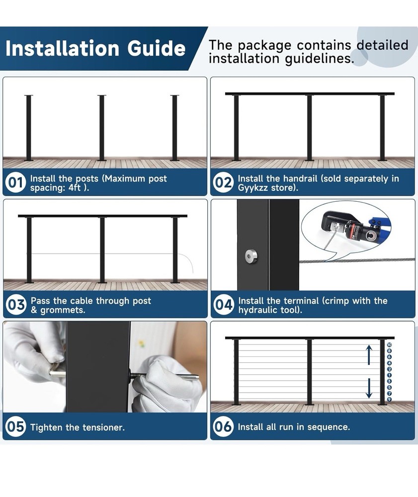 36" Cable Railing Post, Fixed Top Level Drilled Line Post with Cable