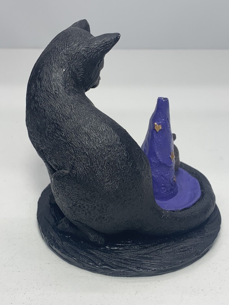 Black Cat Wizard Hat Stick Incense Holder With Mouse, Resin