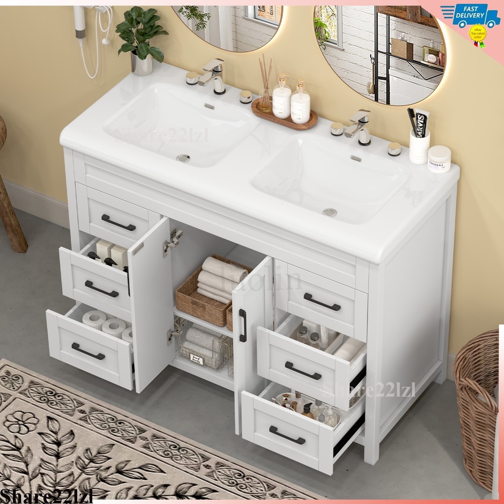 47" Bathroom Vanity Set with Double Ceramic Sinks Artificial Marble Countertop