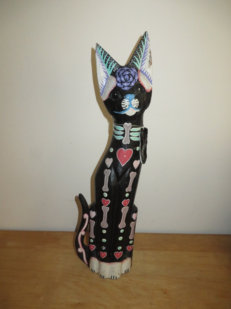 Solid Wood  Skeleton Cat Statue Figure Made in Indonesia.