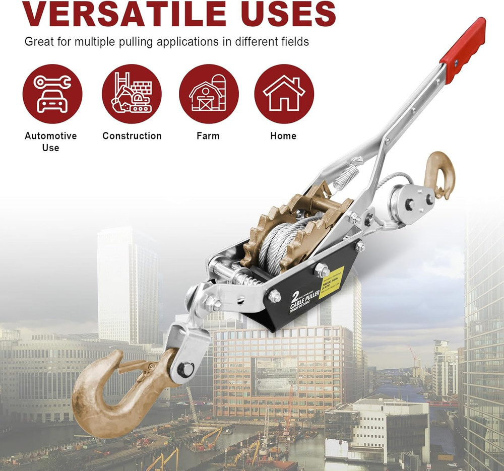 T32052 Come-Along Double Gear Hand Cable Puller with 2 Hooks: 2 T