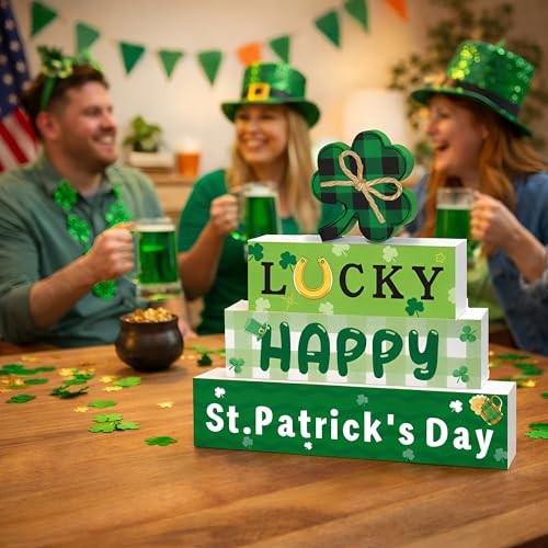 4 Pcs Reversible Valentine’s & St. Patrick’s Day Wooden Table Decor, Double