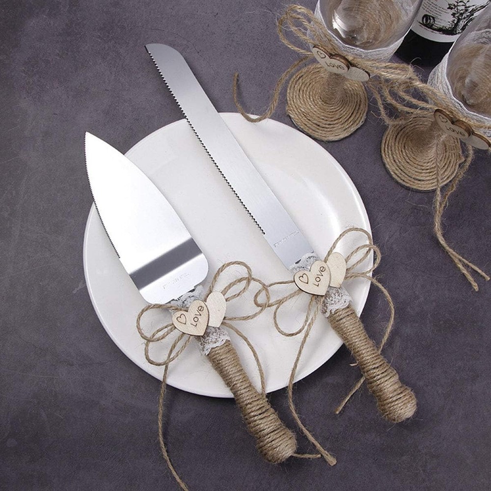 4 Pcs Set Rustic-Style Wedding Cake Knife and Server Set with Champagne Glasses