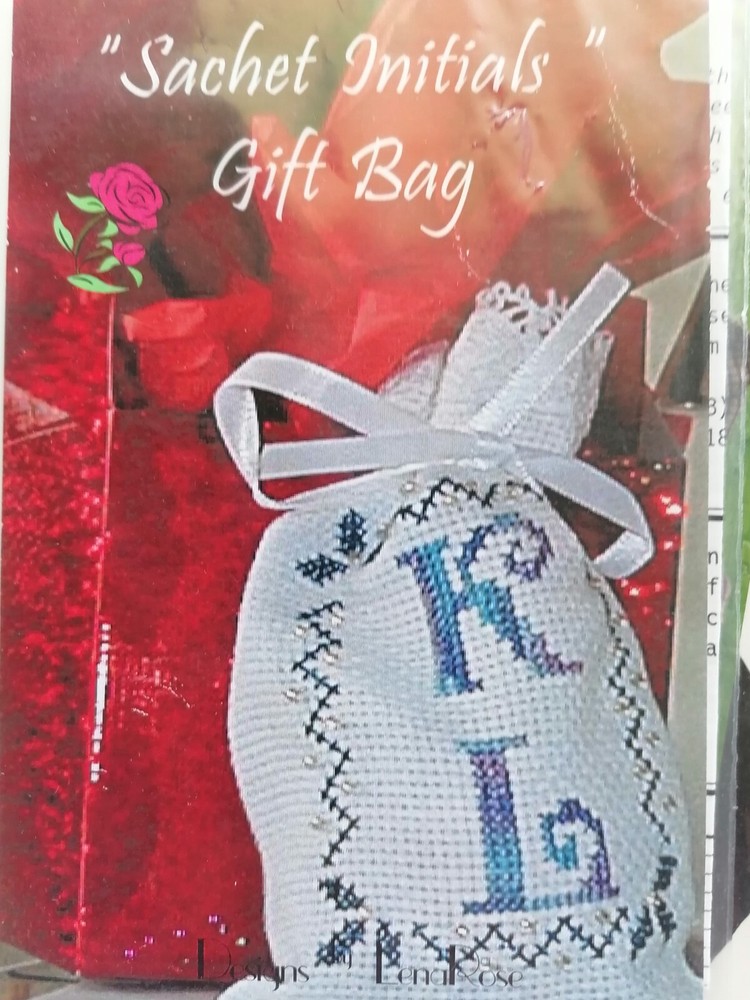 "SACHET INITIALS" Gift Bag Cross Stitch Pattern, includes beads - SJ DESIGNS