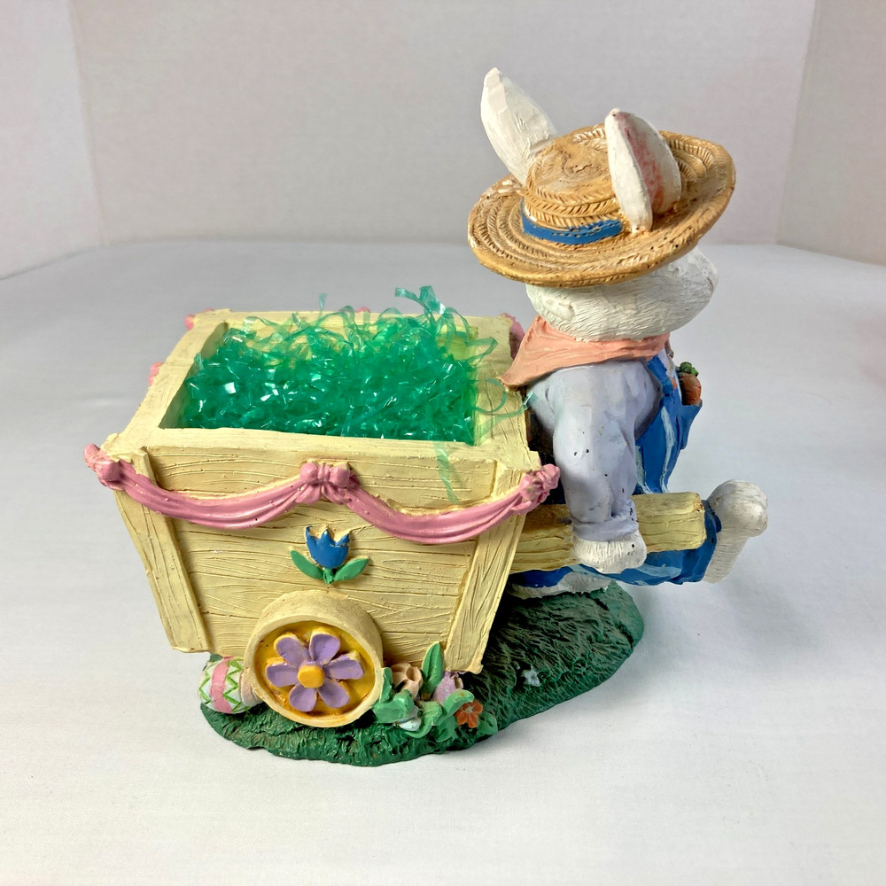 Spring Easter Bunny Figurine Rabbit Straw Hat Blue Overalls Pulling Wheelbarrow