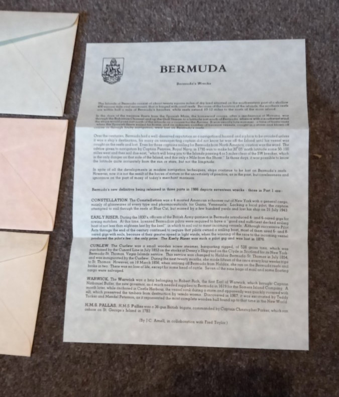 Bermuda 1986 Shipwrecks 3 Official FDCs, complete
