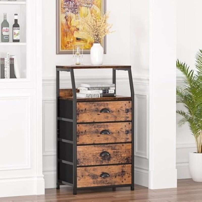 Multi-Functional Nightstand Storage Table W/ Double Layer Shelf & Fabric Drawers