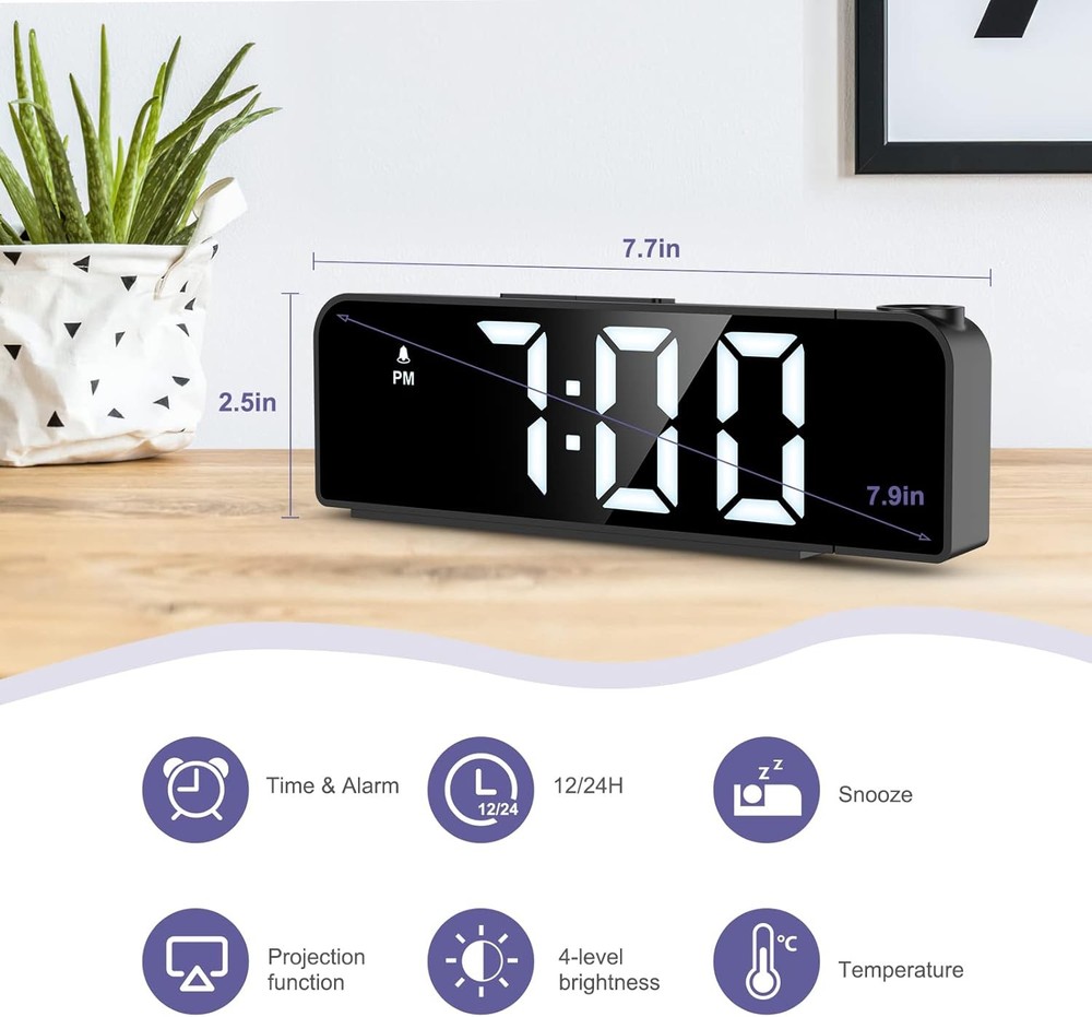 Projection Alarm Clock,with Projection on Ceiling with 7.9" Large Display