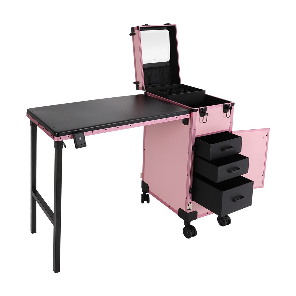 LED Light Rolling Makeup Train Case Nail Art Manicure Make-up Trolley w/Mirror